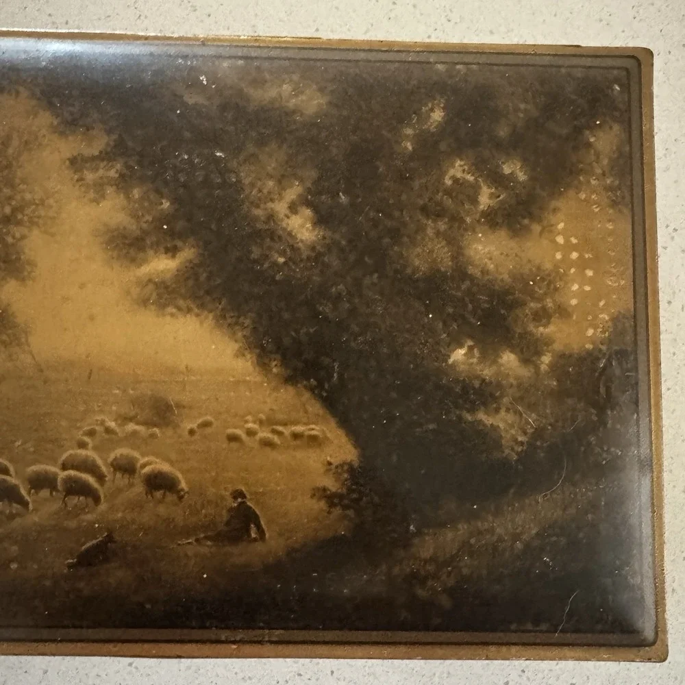 Uneeda Biscuit Tin Box Container Vintage Brown Pastoral Landscape Sheep 1920s